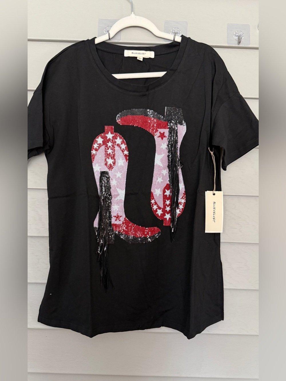 BlueVelvet Black cowgirl Tee with Red and Pink Sequin Graphic